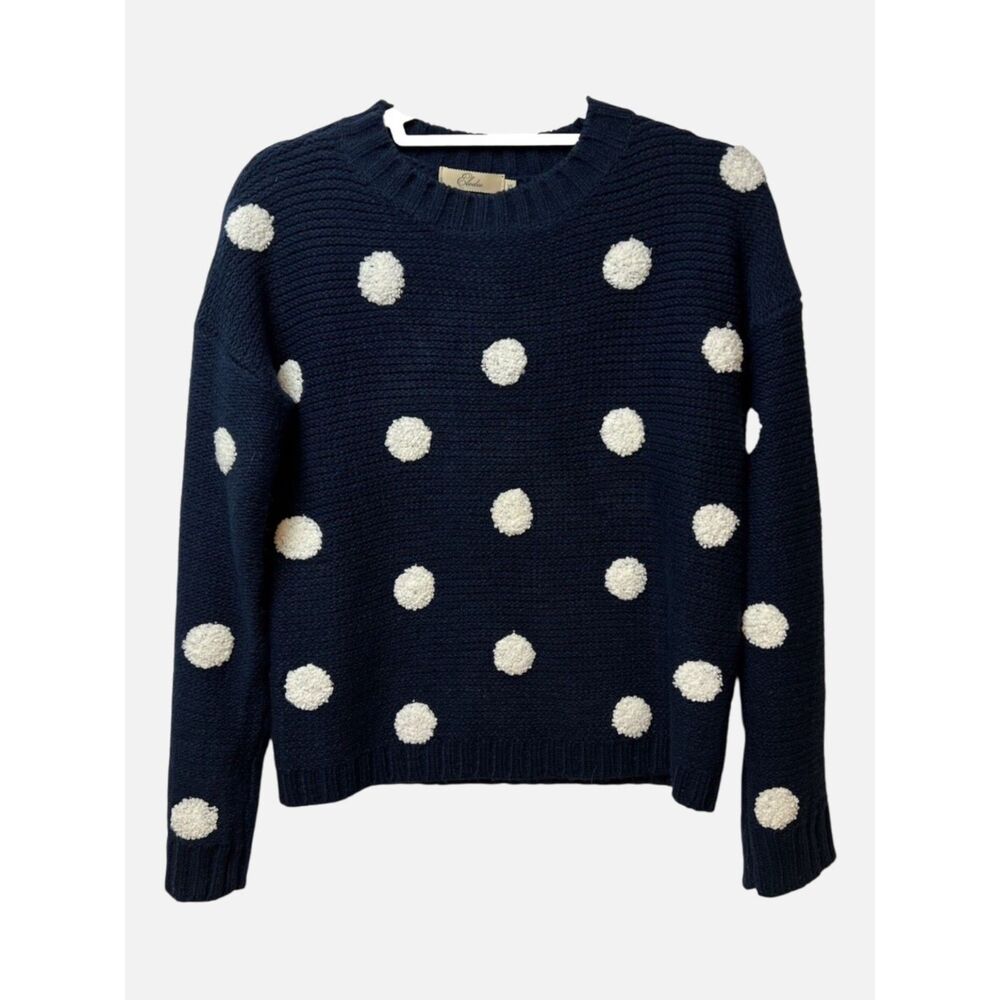 Elodie Navy Blue White Polka Dot Pom Pom Knit Crewneck Sweater Cotton XS NWOT